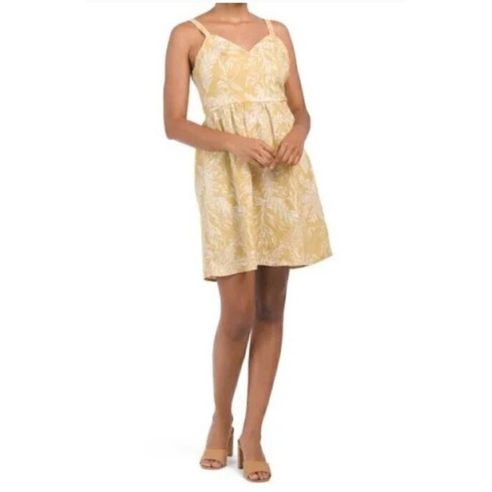 Tahari Dress Womens 2 Garden Floral Fit Flare Smocked Mustard Yellow Linen Boho